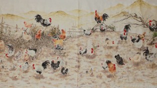 설파, 안창수  화백의  닭(鷄五德) - 가로450cm x 150cm 화선지에 수묵채색